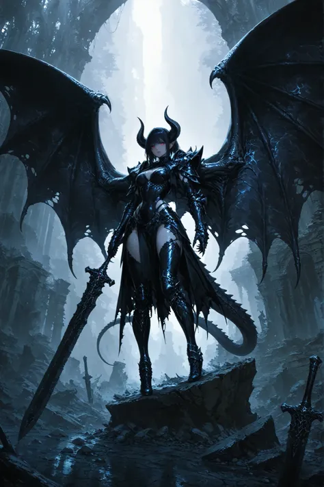 High Quality, artistic masterpiece, RAW Photo Quality, Dark Fantasy, Warrior Gargoyle Girl, Rock Surface Texture, armored outer skin, Giant Wings, Pointed claws and horns, battle suit, Ruined Citadel, Broken Sword, Misty Background, Dramatic Lighting, Epic