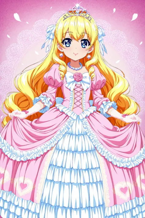 anime style illustrations, Adorable Princess, Little Girl,Short Height,pretty girl character, Character Features:
- Long fluffy golden hair
- Big Eyes,blue eyes
- Long eyelashes, A gentle smile
- Lustrous lips
- small golden crown dress design:
- Pastel P...