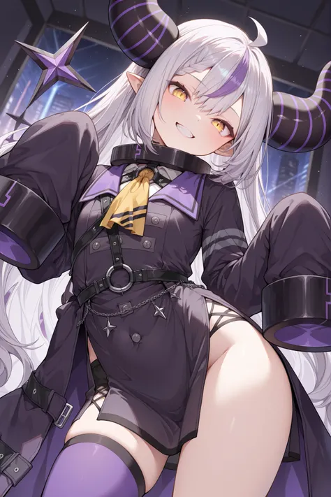 masterpiece,perfect anatomy,high resolution, ultra-detailed,beautiful detailed eyes,dutch angle,absurdres,ct_l4plus, flat chest,
metal collar, purple coat, yellow ascot, sleeves past fingers, single thighhigh, purple thighhigh,grin,