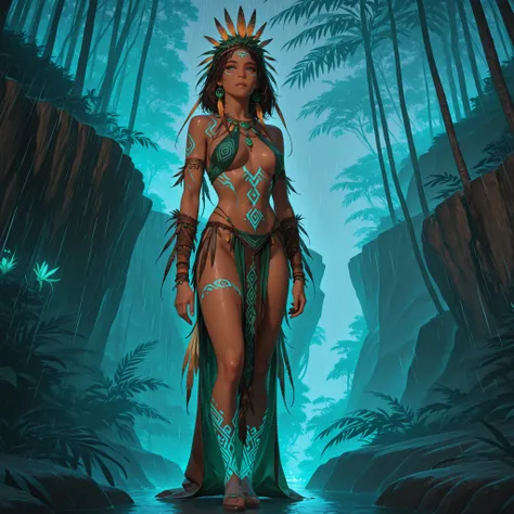 ((Ultra realistic image)), A mystical tribal woman, primal presence, standing with poise and subtle elegance, dark brown complexion, rain forest green eyes, gaze that exudes fierce serenity, strong curvaceous frame, chiseled body, glowing blue intricate pa...