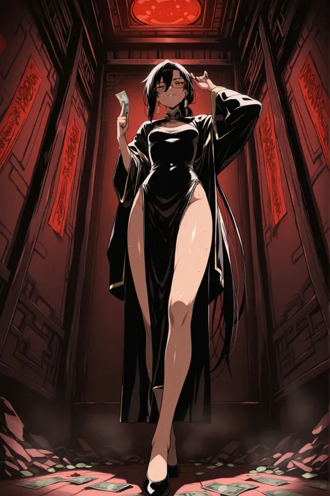 masterpiece, best quality, amazing quality, very aesthetic, foreshortening, 1 girl, mesugaki, taoist, wearing black and gold cheongsam, very long sleeves, opened clothes, have black hair, long bangs, low ponytail, extremely long ponytail, narrowed eyes, ye...