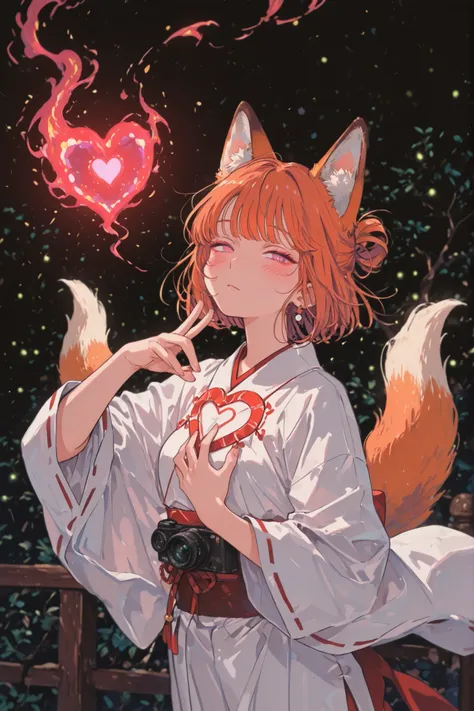 good_hands,((Orange Hair)).good_hands,abstract,kafka02_illu,atnr,Anime comic style illustration, "Confession of the Little Fox" theme.((looking at viewer))、
As darkness falls, a spiritual **fox-eared miko girl** in a **white miko uniform** uses her mystica...