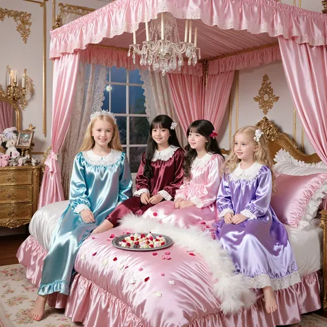 Realistic photo,4 Princesses' Pyjama Party, ((little girls,ten years old:1.5)),smile,luxurious bedroom, The intimate interaction of the princesses,:
- Blonde Princess: Light Blue Silk Nightgown, Long Hair, Blue Eyes
- Princess with Black Hair: PINK NIGHTGo...