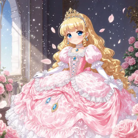 anime style illustrations, Adorable Princess, Little Girl,Short Height,pretty girl character, Character Features:
- Long fluffy golden hair
- Big Eyes,blue eyes
- Long eyelashes, A gentle smile
- Lustrous lips
- small golden crown dress design:
- Pastel P...