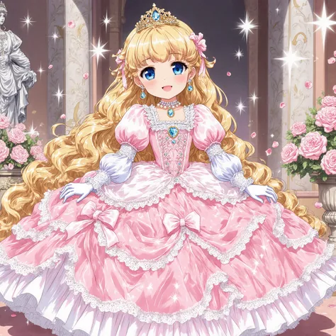 anime style illustrations, Adorable Princess, Little Girl,Short Height,pretty girl character, Character Features:
- Long fluffy golden hair
- Big Eyes,blue eyes
- Long eyelashes, A gentle smile
- Lustrous lips
- small golden crown dress design:
- Pastel P...