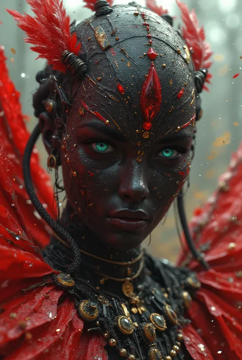 full-length view. Red and black female cyborg. dynamic picture, the cyborg's entire body is in motion. porcelain face and head , no hair, detailed realistic close-up, mud, dust, Canon 5d cinematic frame, ultra leather, porcelain face and head , beautifu...