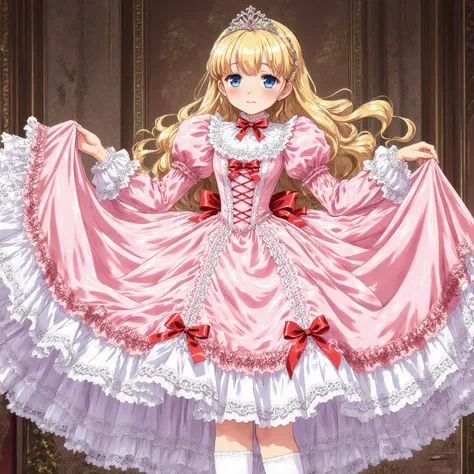 highest quality, masterpiece, highest resolution, artwork, super detailed, retro anime style,the girl is a princess,short body height:1.0,blond long hair,She is skirt lift with her hand,((pink Ball gown dress:1.0)),,round hoop skirt,Lots of lace and frills...