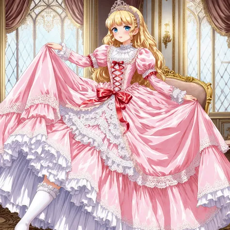 highest quality, masterpiece, highest resolution, artwork, super detailed, retro anime style,the girl is a princess,short body height:1.0,blond long hair,She is skirt lift with her hand,((pink Ball gown dress:1.0)),,round hoop skirt,Lots of lace and frills...