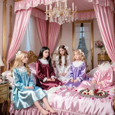 Realistic photo,4 Princesses' Pyjama Party, ((little girls,ten years old:1.5)),luxurious bedroom, The intimate interaction of the princesses,:
- Blonde Princess: Light Blue Silk Nightgown, Long Hair, Blue Eyes
- Princess with Black Hair: PINK NIGHTGowns, s...