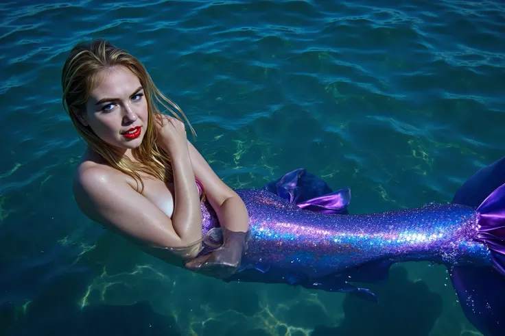 Enchanting mermaid with iridescent purple fish tail in crystal-clear water, golden blond wet hair gently around her face, Pearlescent scales sparkle in moonlight, seductive red lips, sinnlicher Blick, dramatic underwater lighting, fotorealistisch