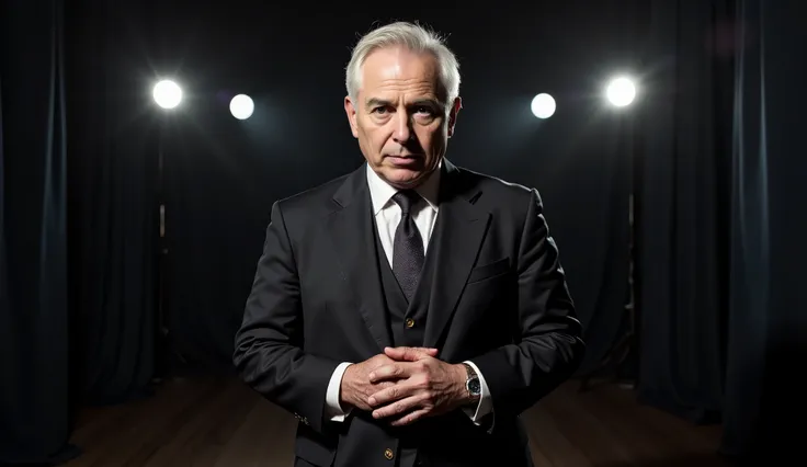 A mysterious presenter, just over 65 years old, white hair, wearing a classic dark suit and tie, clean-shaven and with his hair parted to the side, in a minimalist, shadowy studio with dramatic lighting inspired by 1960s noir TV shows. Charismatic, serious...