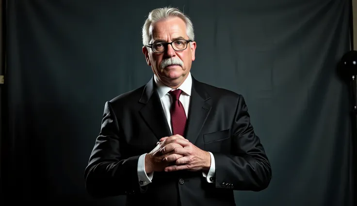 A mysterious presenter, just over 65 years old, white hair, white mustache, glasses, wearing a classic dark suit and tie, clean-shaven and with his hair parted to the side, in a minimalist, shadowy studio with dramatic lighting, inspired by the noir TV sho...