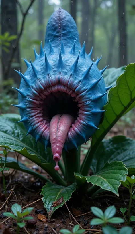  a giant blue carnivorous plant with large leaves emerges from the ground, Vore, molhado, digestion, dentro de criatura, de cima, bobina, dilf, excessive esperma, muco, molhado, digestive acids, bucho, saliva, esperma, volumetric lighting, bucho, bobina, d...