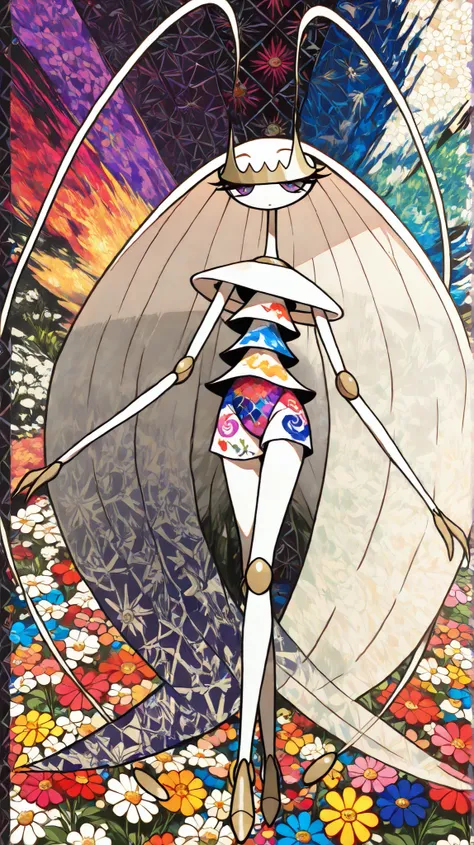 (in style of Takashi Murakami:1.0), beatiful face, feet,best quality,tonemapping, sharp focus, hyper detailed,(pheromosa),best quality,beautiful,pokemon,(2 fingers),(Clear eyes),solo,detaileds,8K,(slender:1.3),wallpaper,jumping kick,(Colorful flowers on ba...