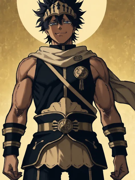 ((in the artstyle of Black Clover)), ((black and gold armor)), ((blue eyes)), ((black and gold fantasy clothing)), ((flowing scarf)), ((sleeveless shirt)),  ((dark-skinned male)), ((black hair)), ((anime hairstyle)), ((muscular arms)), ((knight visor)), ((...