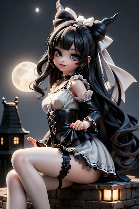 A cute horned demon girl smiling sitting on the edge of an old gothic castle rooftop at night, looking directly at the viewer. She wears a short, elegant ((red)) skirt, crop shirt, short puffy sleeves, ((white)) thigh-high stockings, and ankle-strap heels...