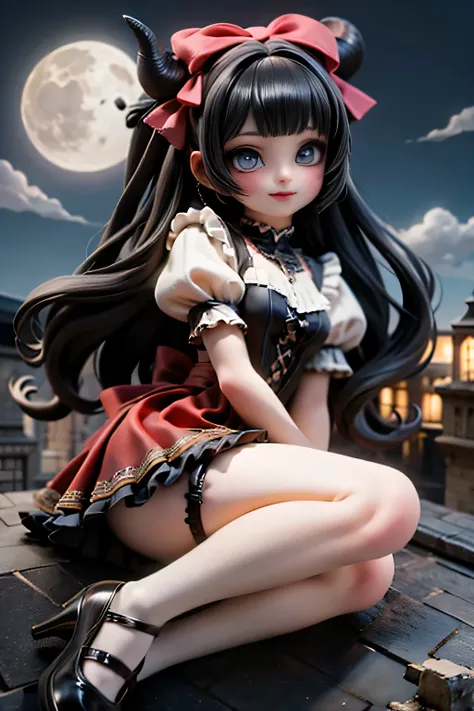 A cute horned demon girl smiling sitting on the edge of an old gothic castle rooftop at night, looking directly at the viewer. She wears a short, elegant ((red)) skirt, crop shirt, short puffy sleeves, ((white)) thigh-high stockings, and ankle-strap heels...