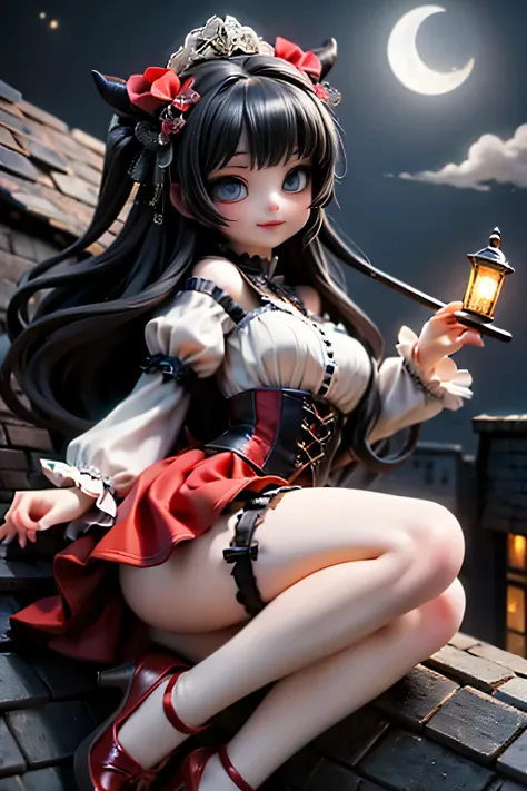 A cute horned demon girl smiling sitting on the edge of an old gothic castle rooftop at night, looking directly at the viewer. She wears a short, elegant ((red)) skirt, crop shirt, short puffy sleeves, ((white)) thigh-high stockings, and ankle-strap heels...