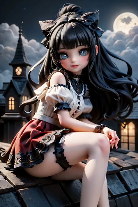 A cute horned demon girl smiling sitting on the edge of an old gothic castle rooftop at night, looking directly at the viewer. She wears a short, elegant ((red)) skirt, crop shirt, short puffy sleeves, ((white)) thigh-high stockings, and ankle-strap heels...