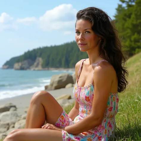 A professional photo of young Evangeline Lilly. She is sitting on the grash at a sea shore. The sea shore has some big rocks. A coniferous forest grows near to the shoreline. Evangeline Lilly has a colorful sundress on. The sundress has flower fabric patte...