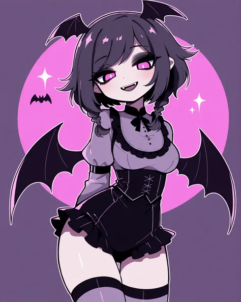 CartoonyIllustrious,beautiful anime girl, bat kemonomimi, small bat ears on head, short fangs, big expressive eyes, deep violet and black eyeshadow, soft pale skin, cute gothic shojo style outfit with bat motifs, elegant frills and lace, slightly messy hai...
