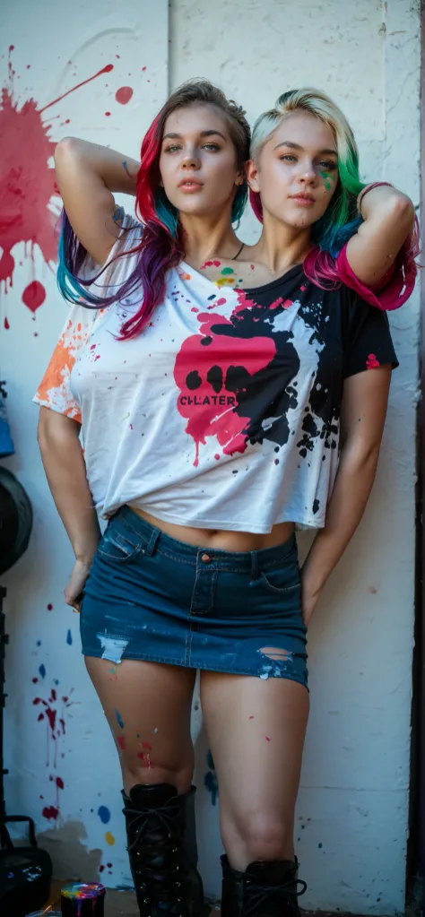 tall conjoined young women with two heads, two heads on one body, artist, one head short blond hair, one head long dyed hair with rainbow highlights, paint splattered t-shirt, army boots, full length side-slip denim pencil skirt