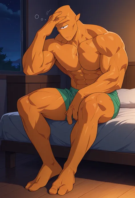solo, indoors, bedroom, night, sitting on bed, hand on head, waking up, dizzy, 4ll3n, 3 fingers, barefoot, 2 toes, orange skin, topless, muscular, pecs, abs, full-length portrait, perfect anatomy, masterpiece, perfect quality, best quality, detailed, newes...