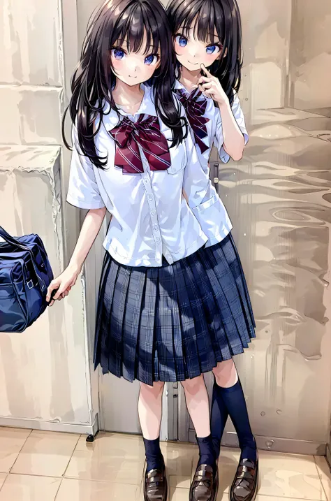 brown hair，Shortcut，messy hair，My Blurry Hair with Openings，Dignified Posture，Tiny Chest，Beautiful legs，Long Hair, View your viewers, smile, Bang, blue eyes, multiple girls, skirt, brown hair, shirt, black hair with leash, Short sleeve, brown eyes,  Long H...