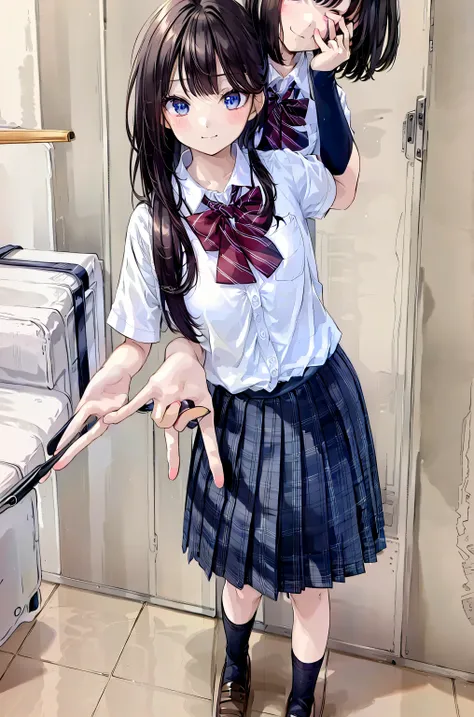 brown hair，Shortcut，messy hair，My Blurry Hair with Openings，Dignified Posture，Tiny Chest，Beautiful legs，Long Hair, View your viewers, smile, Bang, blue eyes, multiple girls, skirt, brown hair, shirt, black hair with leash, Short sleeve, brown eyes,  Long H...