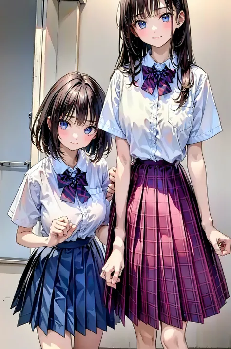 brown hair，Shortcut，messy hair，My Blurry Hair with Openings，Dignified Posture，Tiny Chest，Beautiful legs，Long Hair, View your viewers, smile, Bang, blue eyes, multiple girls, skirt, brown hair, shirt, black hair with leash, Short sleeve, brown eyes,  Long H...