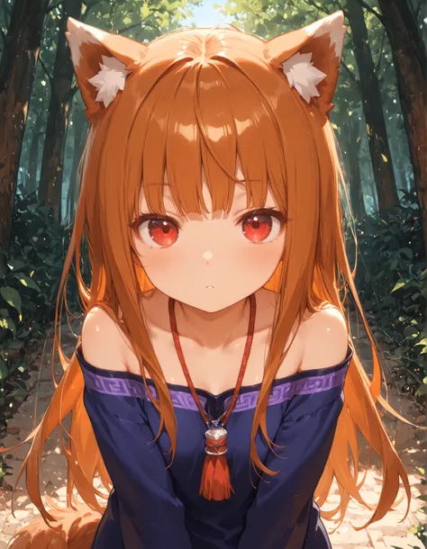 masterpiece, best quality, very aesthetic, 1girl,, holo, wolf ears, long hair, solo, red eyes, ginger hair, wolf tail,