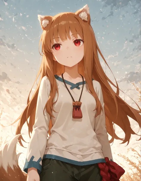masterpiece, best quality, very aesthetic, 1girl,, holo, wolf ears, long hair, solo, red eyes, ginger hair, wolf tail,