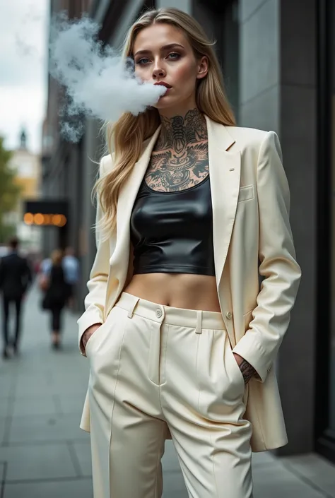 An extremely tattooed S4r4h stands outside a bright modern office. She is a powerful businesswoman. She wears a short cropped glossy black leather t-shirt under a short cropped fitted cream business jacket and cream baggy wide-leg very flared pants and bla...