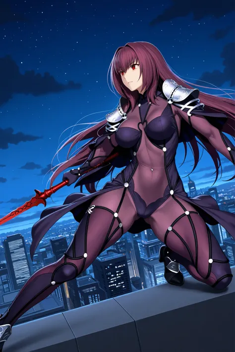 Scathach from fate Grand order, body in shape, wide hips. Medium tits, vista lateral, look would be, night, clouds in the sky , lateral position , Alone in combat, city