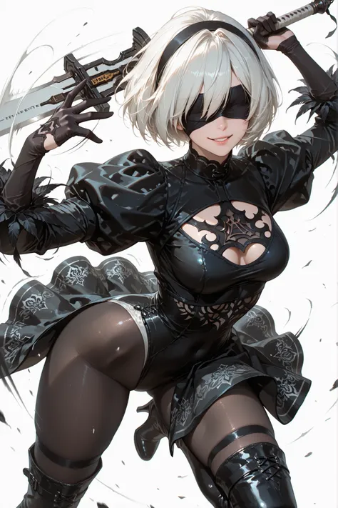 1girl, 2B, blindfold, black blindfold, headband, white hair, short hair, medium breasts, clothing cutout, neckline cutout, black dress, puffy sleeves, feather detail sleeves, black gloves, leotard, skirt, black tights, thigh high boots, black high heels, b...