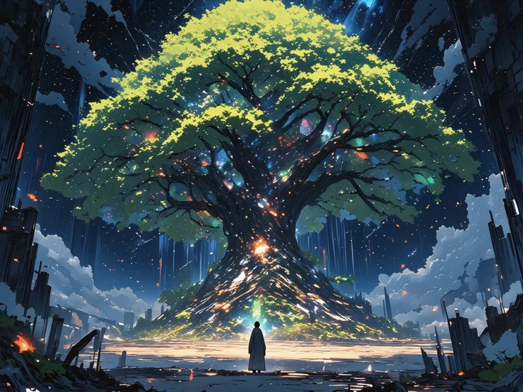 A beautiful living tree of worlds in a cosmic void and an ashen wasteland