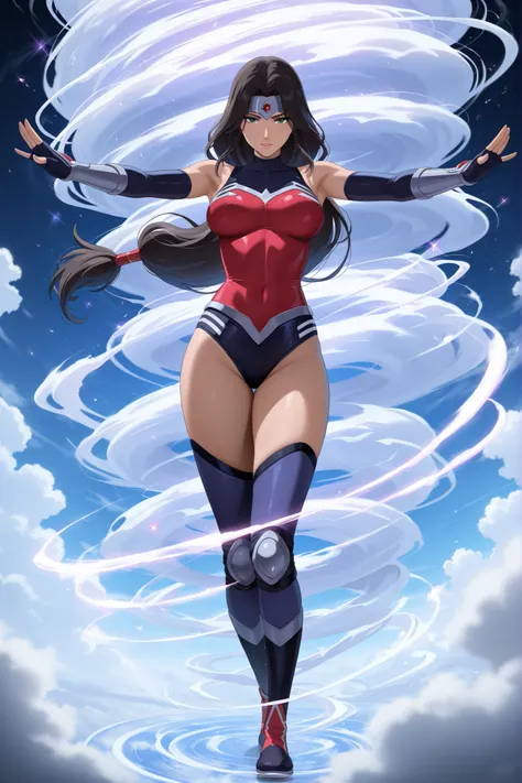 masterpiece, good quality, best quality, very awa, very as2, absurdres, highres, 
 wowobldlns, long hair, low-tied long hair, forehead protector, leotard, bare shoulders, elbow gloves, bracer, thighhighs, knee pads, boots, standing with legs together, outs...