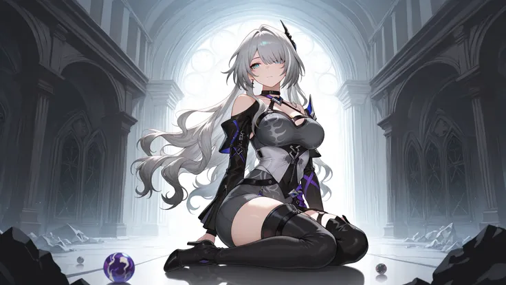 (masterpiece, detailed:1.2), anime-style girl, face based on Acheron from Honkai Star Rail, long ash white soft wavy hair, side part, elegant side bangs, expressive blue eyes, soft curvy figure, large breasts, ethereal beauty, melancholic expression, cinem...