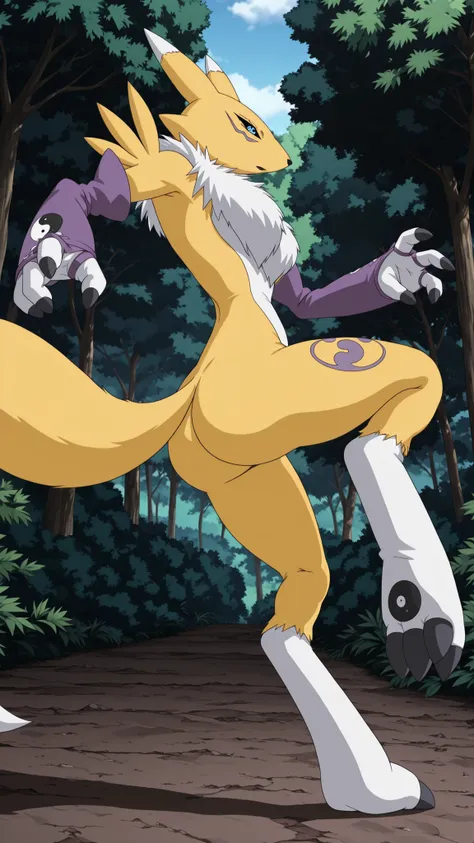 {Highest quality}, {so beautiful}, (anime coloring,flat color,TV anime style,Not details), {Best illustrations},(flat body,very thin,Slim body, Mature adults:1.2),solo,1girl,Rena, digimon (creature), solo, furry, fox ears, black sclera, blue eyes, body fur...