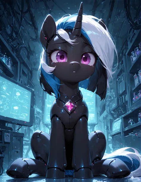 masterpiece, best quality, very aesthetic, 1girl,, solo, amazing quality, absurdres, fx, newest, feral, feral pony, friendship is magic my little pony Character,
Black body, purple eyes, black hair, white hair, two tone hair, unicorn, horn,
Sad, equine, ...