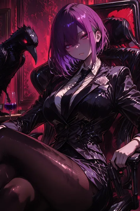 1girl, (An adult mafia boss woman、Cold look、Cold Eyes、Purple hair color、Asymmetric Two Block Undercut Hair、mafia suit、skirt、Black tights、Lean back and sit in a chair、Legs crossed、they are crossing their arms in front of their chest)。(has a big, cool jet black crow with a red eye on the woman's shoulder、The same orientation as a woman's face)。Prohibition Era New York Mafia Interiors and Interiors、A glass of vodka on a desk、Mountain of documents、Pistol、Noir atmosphere、The whole room is getting dark、、masterpiece, best quality, amazing quality,748cmstyle, very aesthetic, newest, texture matte