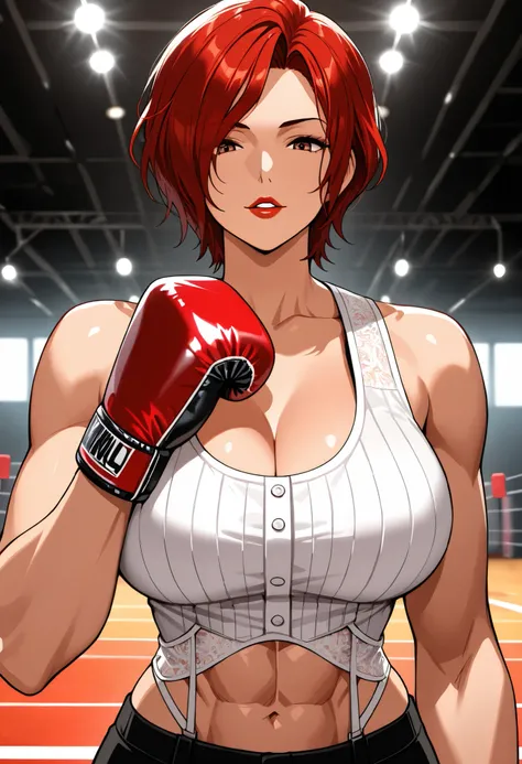 Anime style, 1 girl, solo, looking at viewer, mature woman, ((Vanessa from KOF)), short red hair, waved hair, parted bangs down, brown eyes, red lips, soft smile, parted lips, white tanktop, big breasts, abs, toned body, slim waist, attractive, motherly, l...