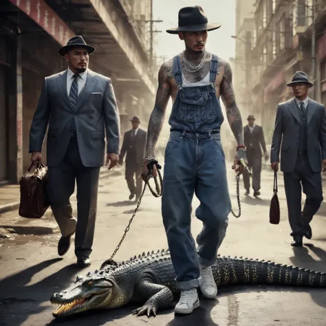 Realistic image、realistic photo style、Street gangsters are taking crocodiles for a walk、Reed、in the city、dramatic images、