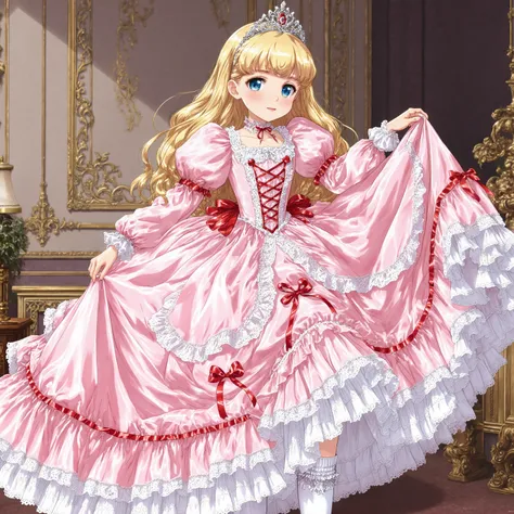 highest quality, masterpiece, highest resolution, artwork, super detailed, retro anime style,hi vision,the girl is a princess,short body height:1.0,blond long hair,She is skirt lift with her hand,((pink Ball gown dress:1.0)),,round hoop skirt,Lots of lace ...