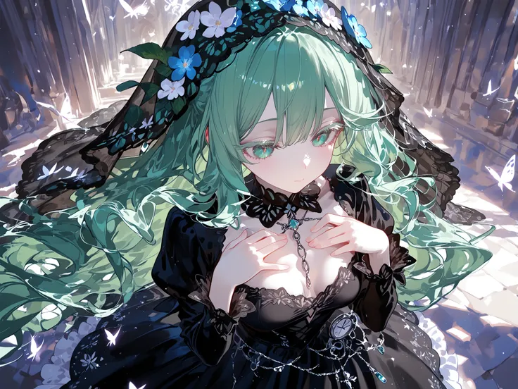 super detail, masterpiece, best quality, high resolution, 8k, ultra high anatomy, facial, only 1 girl, long mint-green hair, black lace veil, mint-green eyes, white diamond shaped pupil, Pale skin with matching pale black eyelashes, medium breasts, Wearing...