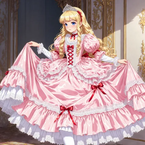 highest quality, masterpiece, highest resolution, artwork, super detailed, retro anime style,hi vision,the girl is a princess,short body height:1.0,blond long hair,She is skirt lift with her hand,((pink Ball gown dress:1.0)),,round hoop skirt,Lots of lace ...