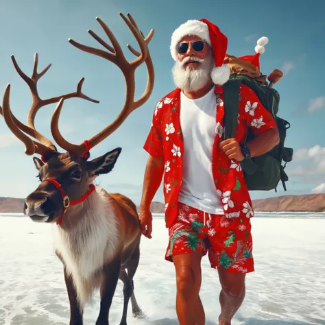 Realistic image、realistic photo style、cigar、Santa Claus in summer clothes is taking reindeer for a walk、Cool Santa Claus、red aloha shirt、shorts、dramatic images、