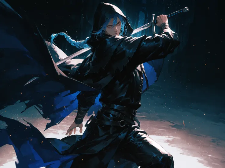 medium shot, front shot, male focus, looking at viewers, makes an aesthetic, Master piece, Best Quality, ultra detailed, a handsome man, (man:1.6), solo, (male:1.6) long hair, male glowing blue hair, hair in braid, beautiful dark-gray eyes, toned, black c...