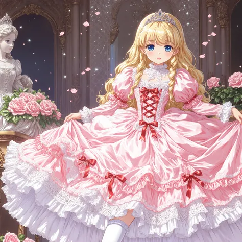 highest quality, masterpiece, highest resolution, artwork, super detailed, retro anime style,hi vision,the girl is a princess,short body height:1.0,blond long hair,She is skirt lift with her hand,((pink Ball gown dress:1.0)),,round hoop skirt,Lots of lace ...