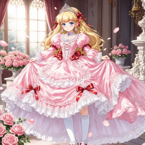 highest quality, masterpiece, highest resolution, artwork, super detailed, retro anime style,hi vision,the girl is a princess,short body height:1.0,blond long hair,She is skirt lift with her hand,((pink Ball gown dress:1.0)),,round hoop skirt,Lots of lace ...